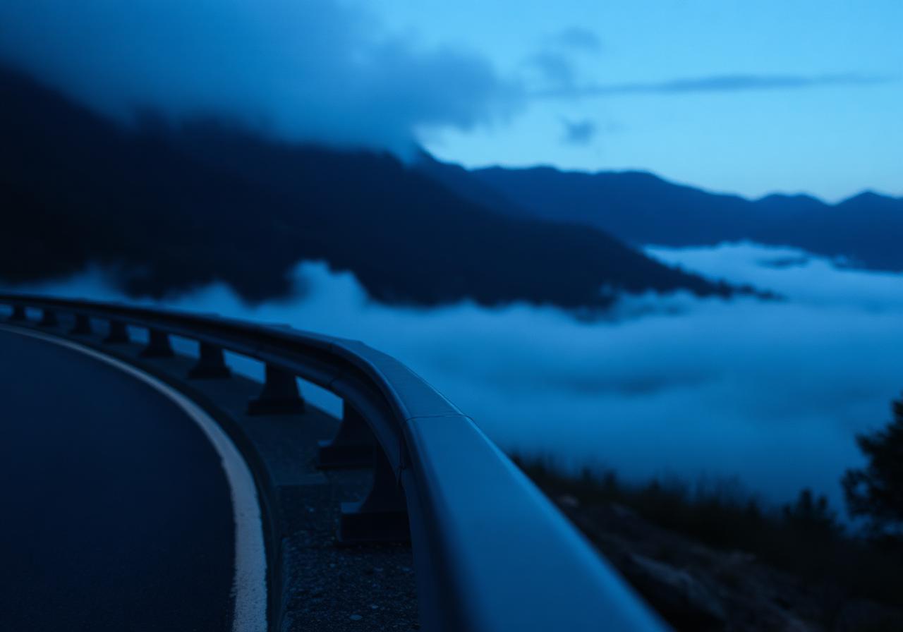 A precision steel guardrail curving along a mountain road at blue dusk above a valley of fog.