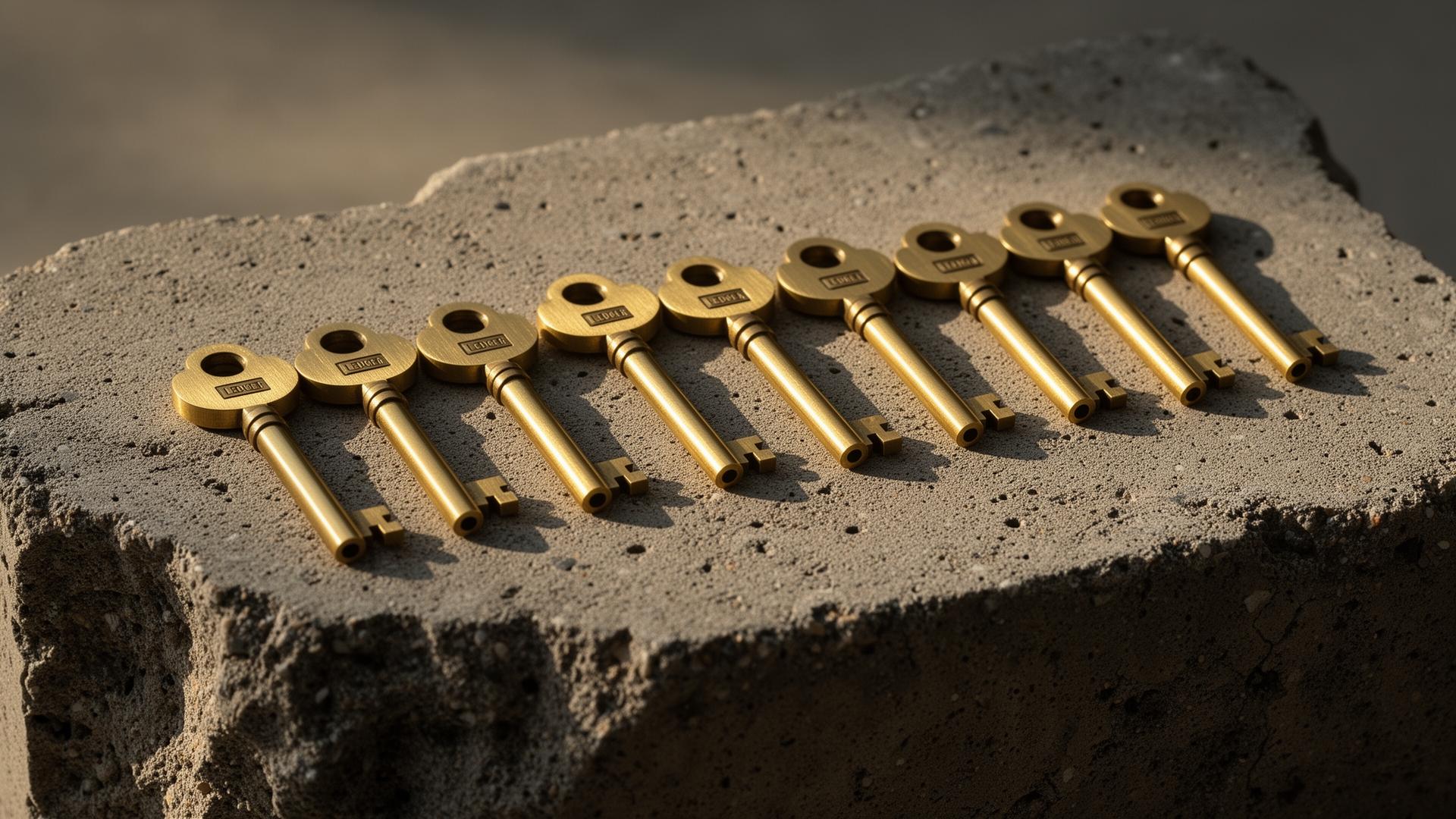 A row of identical brushed-brass ledger keys laid out on a heavy raw-concrete slab in raking morning light.