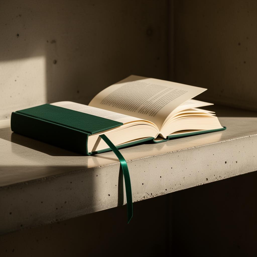A clothbound hardcover book standing on a concrete shelf, ribbon trailing, deep green binding.
