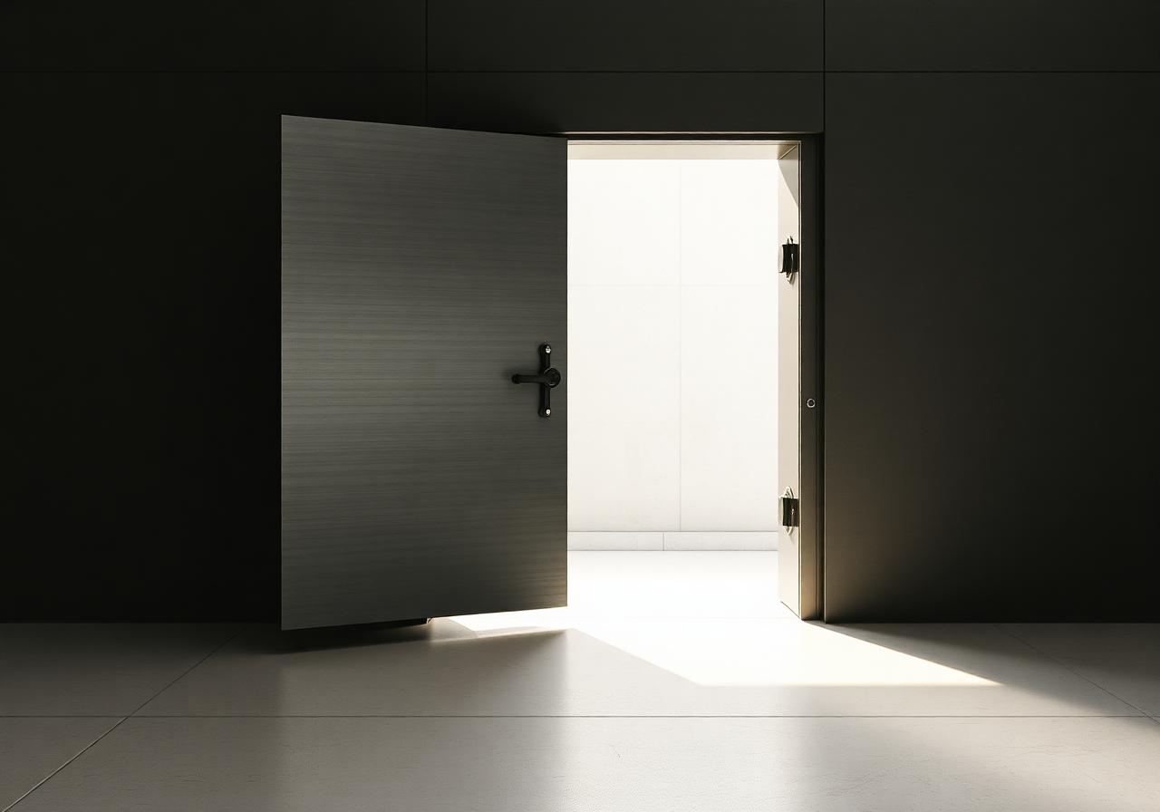 A heavy brushed-steel vault door standing slightly ajar with light streaming through the gap.