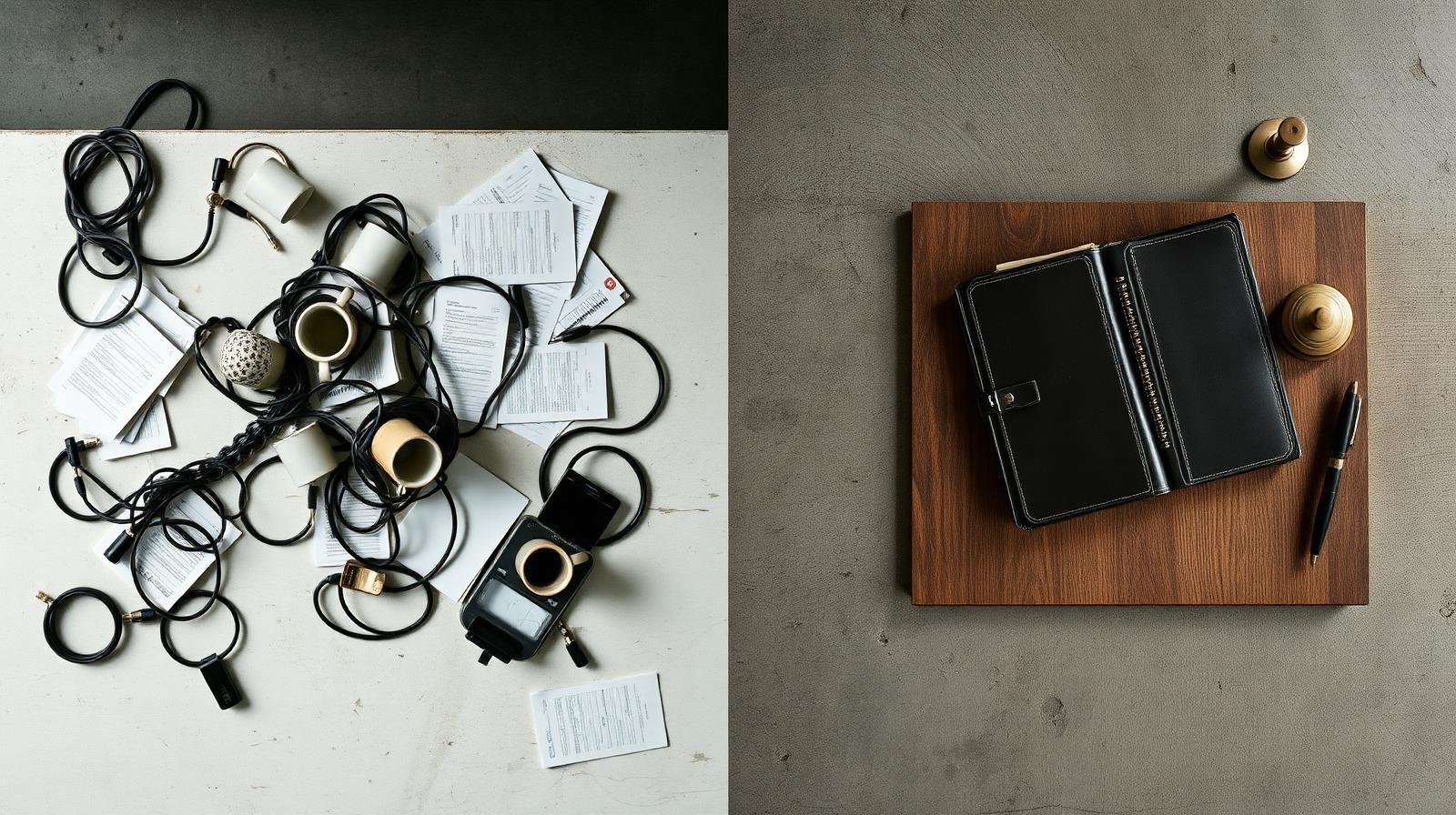 Two desks side by side from above: tangled cables and scattered papers on the left, a single disciplined leather folder and brass paperweight on the right.