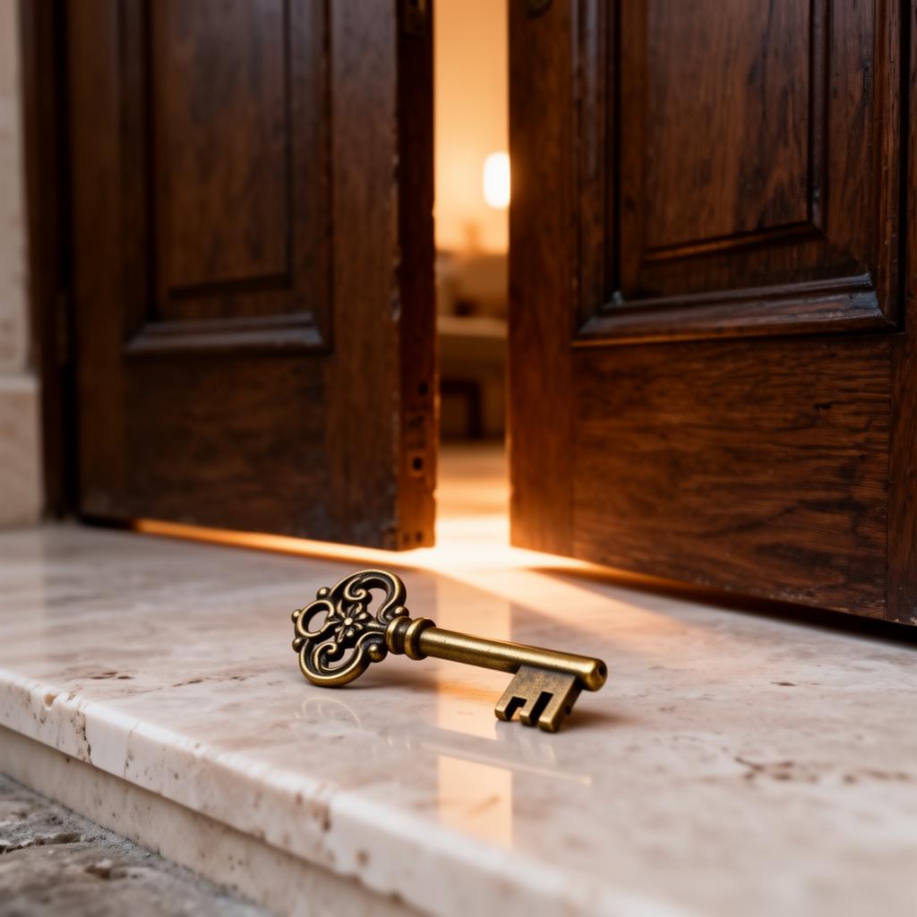 A weathered hand passing a heavy brass key into another open palm above a polished stone threshold.