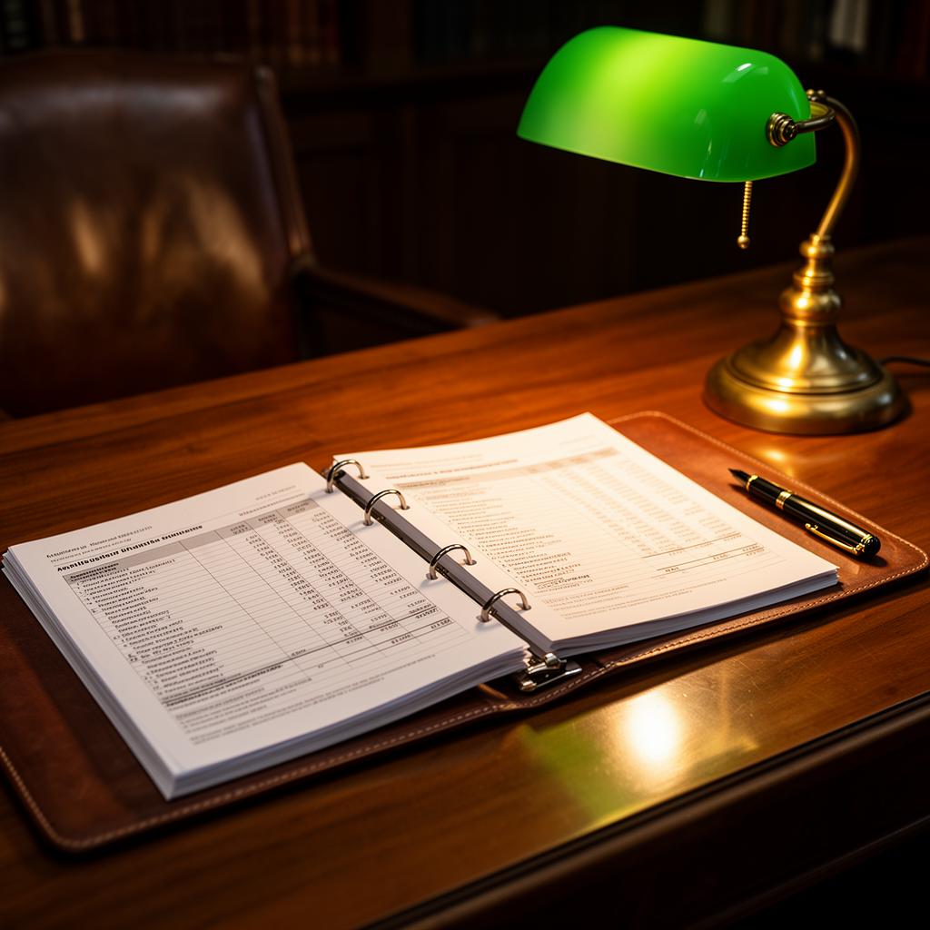 An open three-ring binder of printed financial statements on a polished walnut desk under a green-shaded brass banker's lamp, a leather chair just visible across the desk.