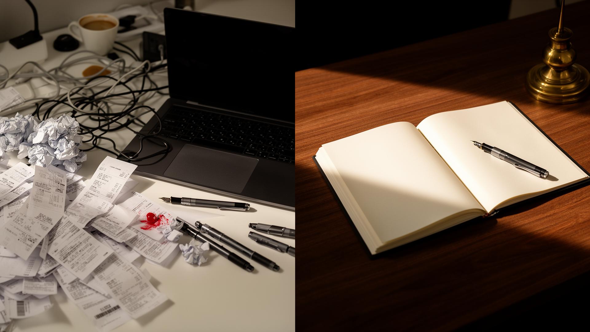 Split composition: chaotic desk strewn with receipts, cables and crumpled paper on the left; the same desk swept clean with a single open ledger and fountain pen on the right.