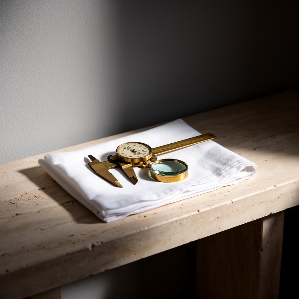 An antique brass diagnostic instrument resting on folded white linen beside a small magnifier.