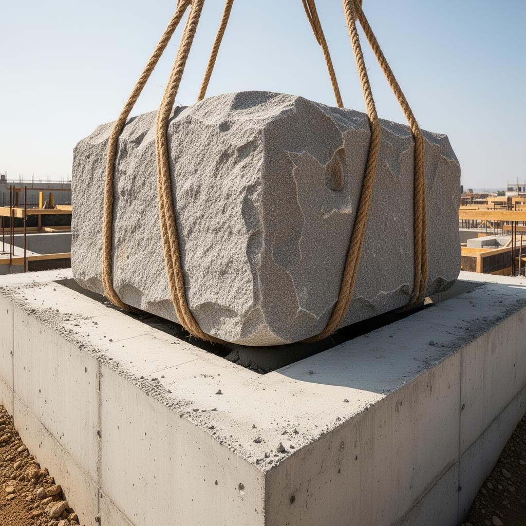 A massive cornerstone being lowered by rope into precise place on a poured concrete foundation.