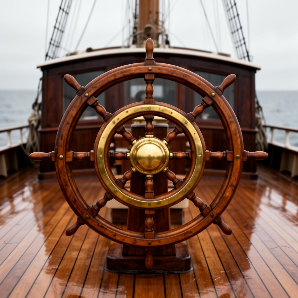 A steady hand resting on the spokes of an antique brass ship's helm on a polished teak deck.