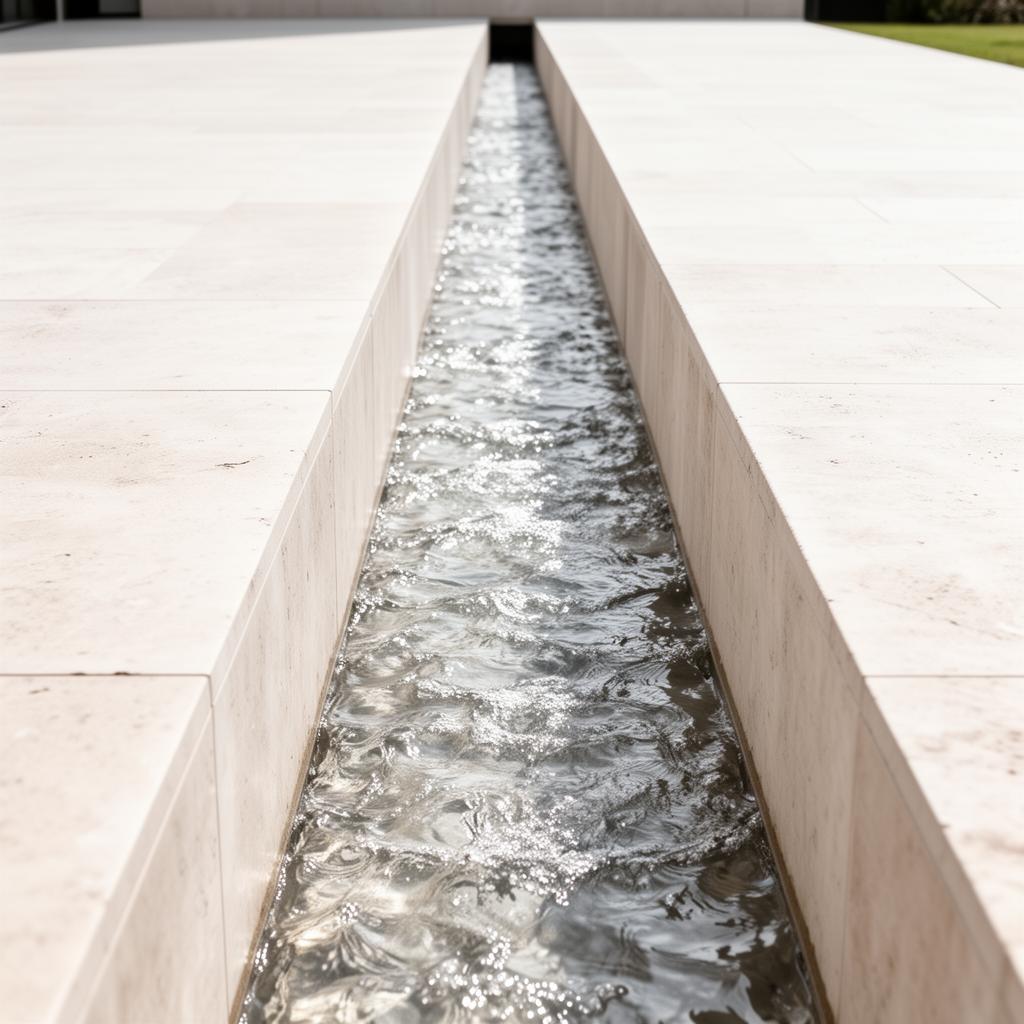 Water flowing through a precisely cut stone channel, a controlled current catching the light.
