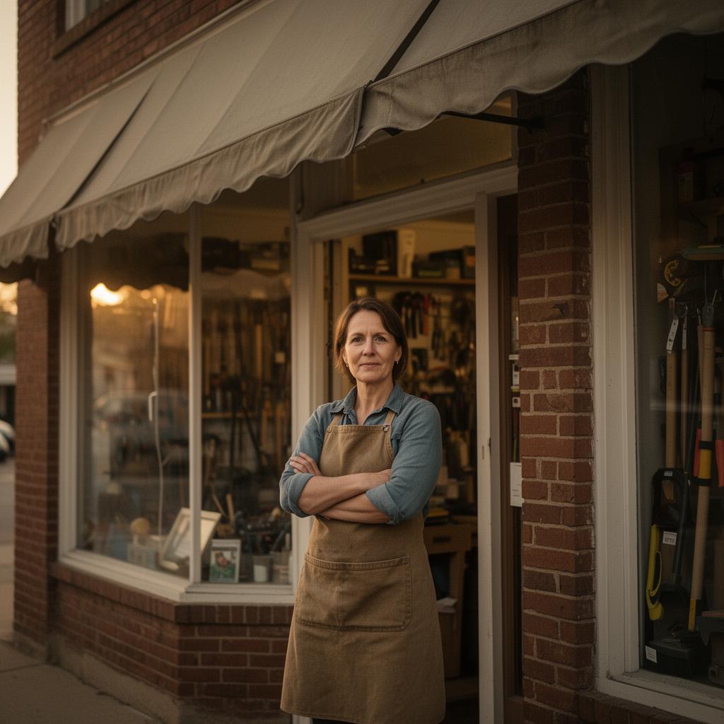 A small business owner in a canvas apron standing in the doorway of her independent hardware store on Main Street at golden hour.